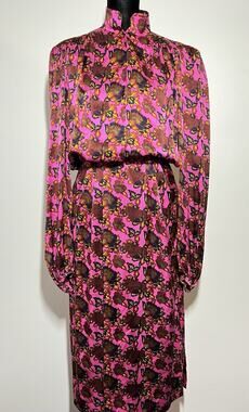VTG Michel Goma Saks Vibrant Pink Floral Silk Long Slv Dress France 42 US M/L